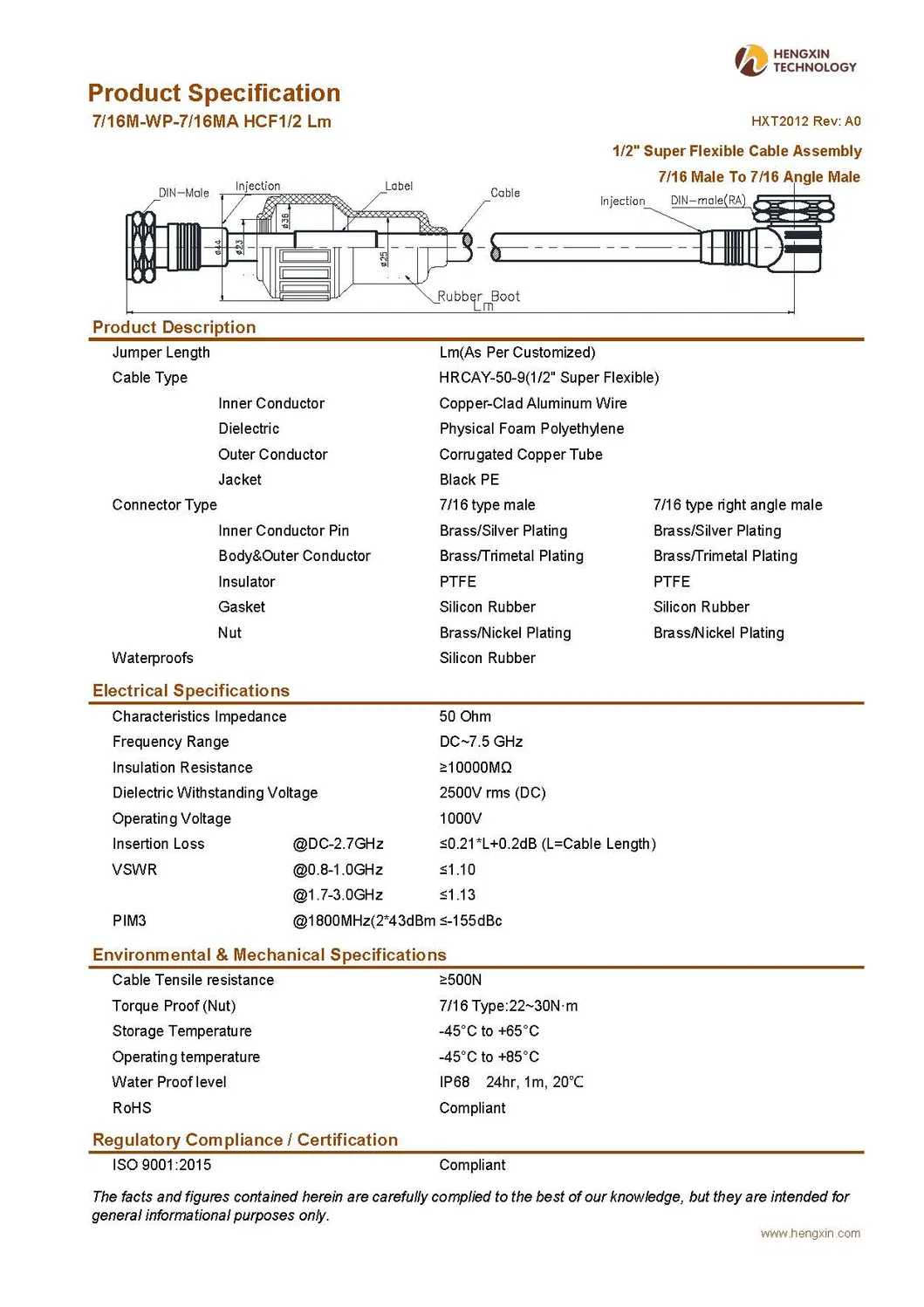 1/2" Super Flexible Cable Assembly with 7/16 Male to 7/16 Angle Male-Water Proofing Type