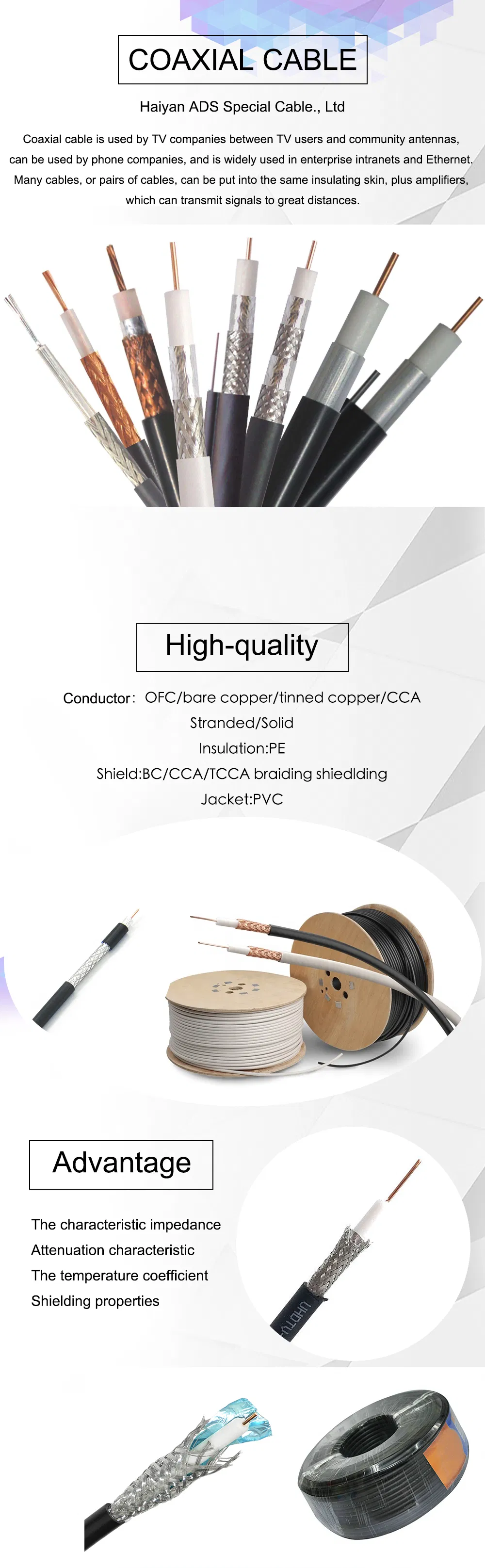 RG6/U Sywv75-5 Coaxial Cable Low Loss Communication Wire Rg6a/U Coaxial Cable for TV/CATV/Satellite/Antenna/CCTV