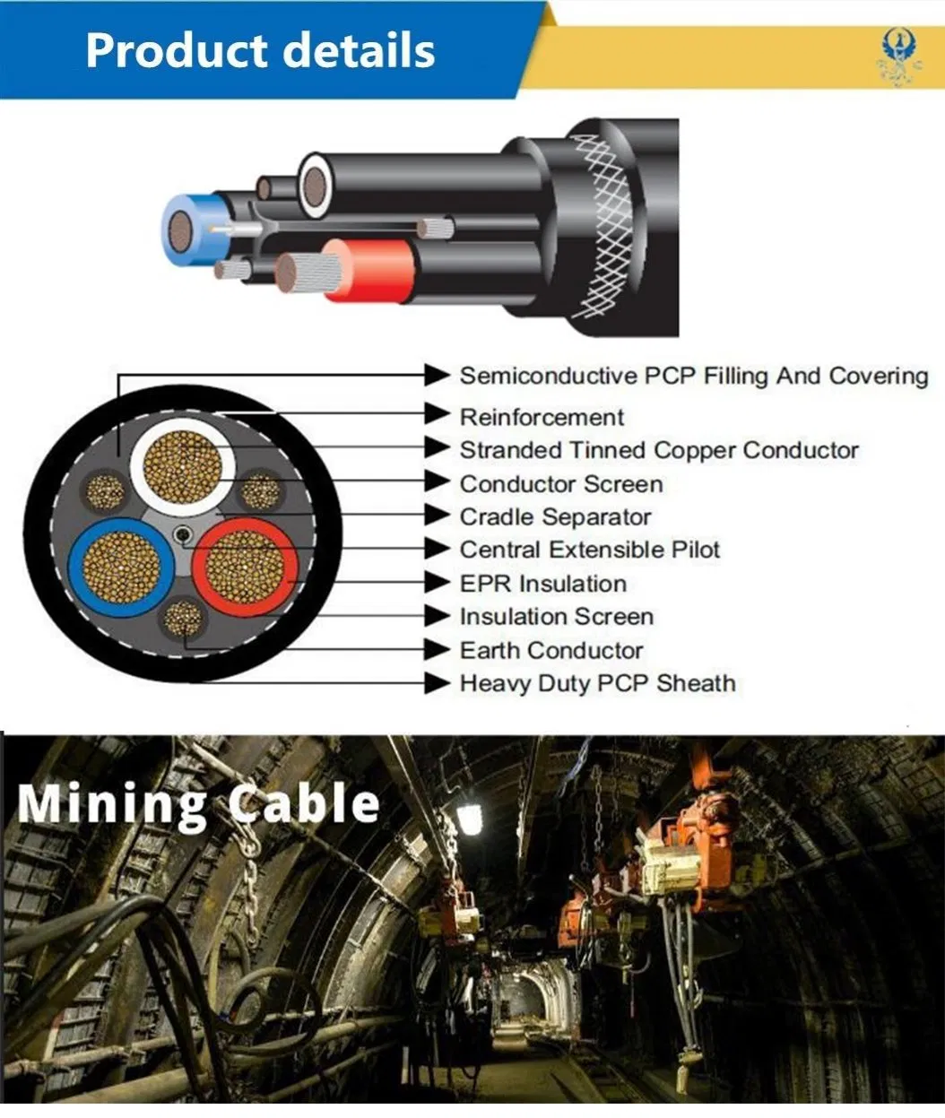 Rubber Type61 35mm Scrx3+6mm X2 Pilot 1X16mm Ecc 640/1100V Yellow Mining Cable
