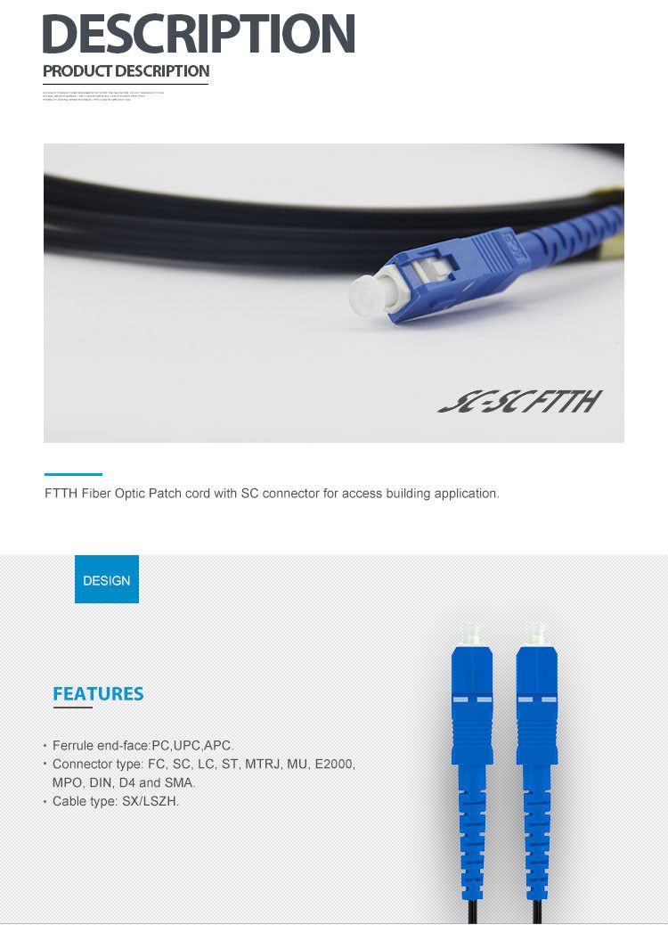 Sc Sm 9/125 Simplex Fiber Kfrp Strength G652D LSZH FTTH Indoor Patch Cable for Benin Cabling Systems